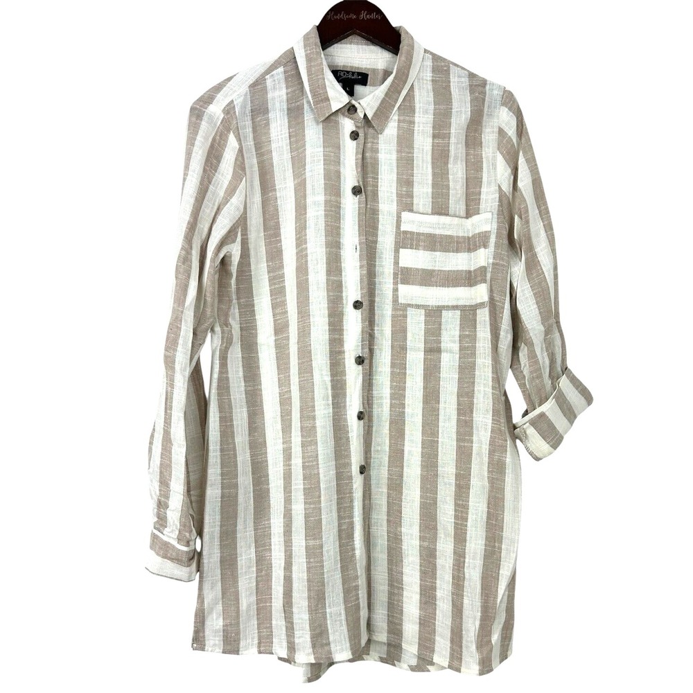Anthropologie Rd & Koko Womens Size L Linen Wide Stripe Button Down Tunic‎ T1